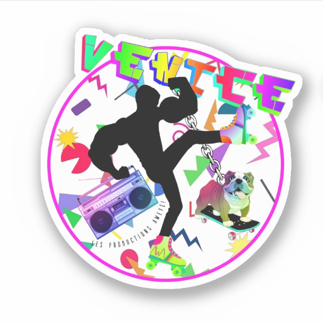 Pegatina Playa de Venecia y Bulldog inglés | Colores neones (Anverso)