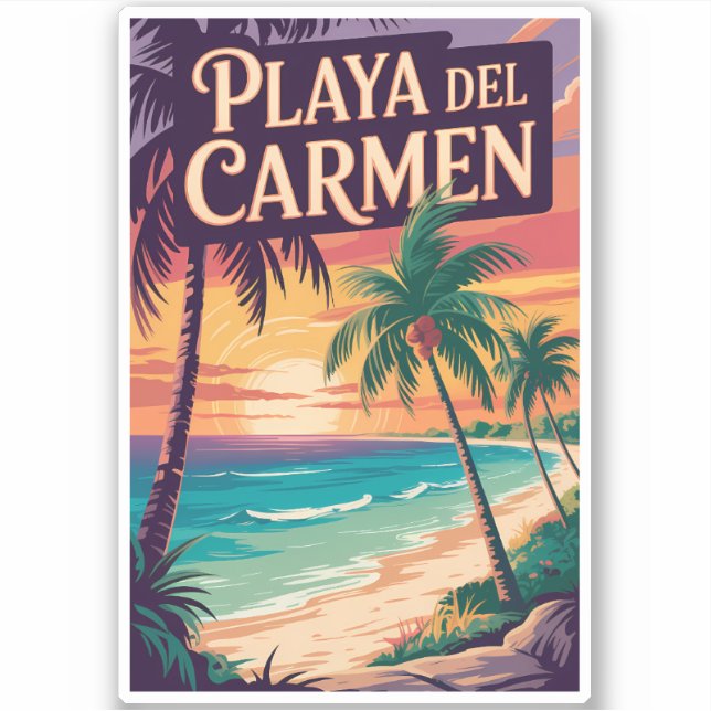 Pegatina Playa del Carmen Illustration Travel Art Vintage (Anverso)