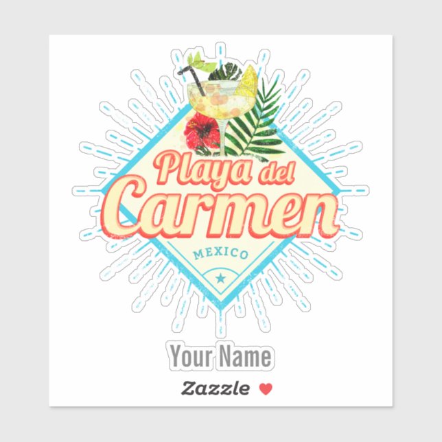 Pegatina Playa del Carmen México Retro Cocktail Vintage (Hoja)