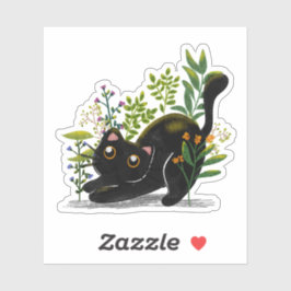 Pegatina Playful Black Cat with Flowers – Cute Botanical