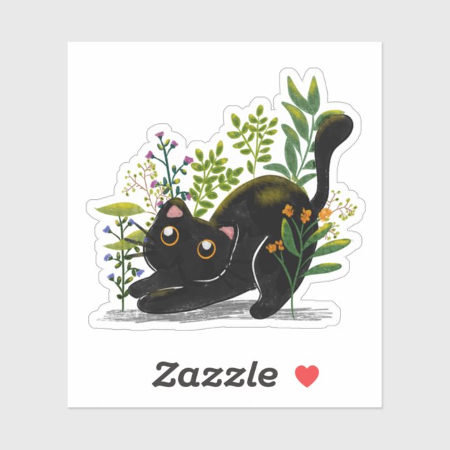 Pegatina Playful Black Cat with Flowers – Cute Botanical  (Hoja)