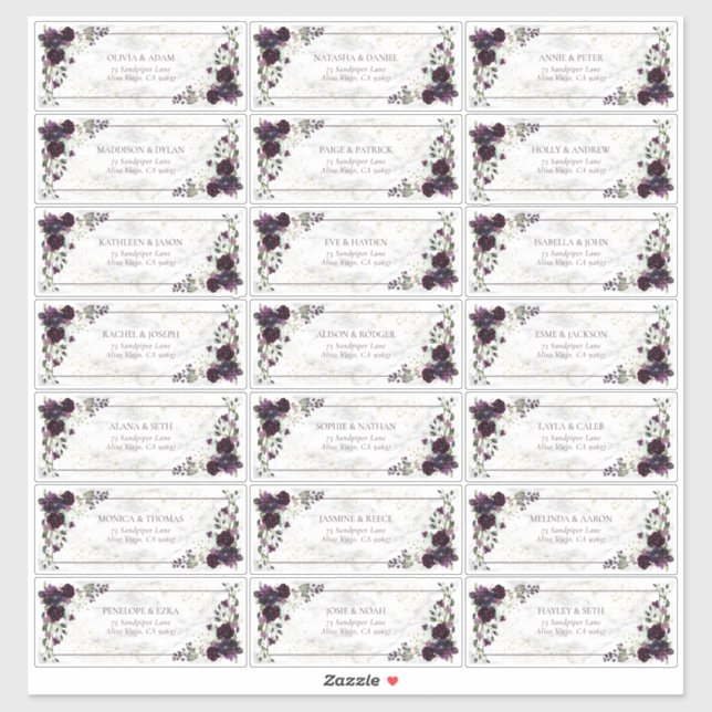 Pegatina Plum Purple Gold Marble Fall Wedding Dirección de  (Hoja)