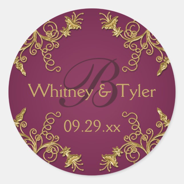 Pegatina Plum Wine and Gold Floral Damask de 1,5" (Anverso)