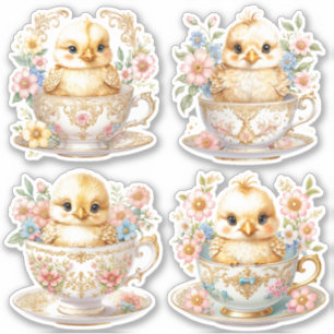 Pegatina Pollitas Elegantes en Taza de Té - Diseño Floral