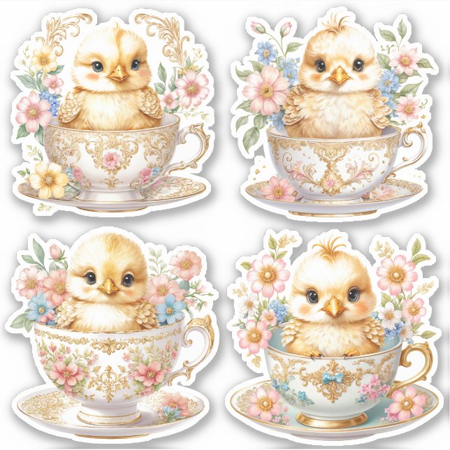 Pegatina Pollitas Elegantes en Taza de Té -  Diseño Floral (Anverso)