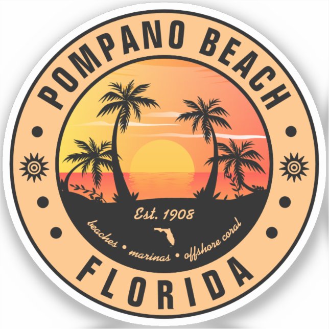 Pegatina Pompano Beach Florida Retro Sunset Souvenir 80 (Anverso)
