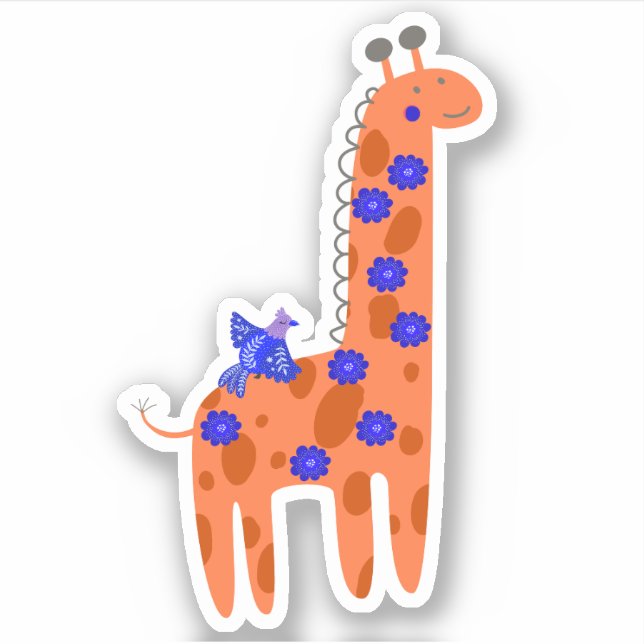 Pegatina Portátil Cute Folk Art Giraffe Bird Naranja Blue (Anverso)