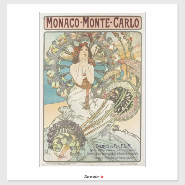 Pegatina Poster de Mont-Carlo por Alphonse Mucha (Hoja)