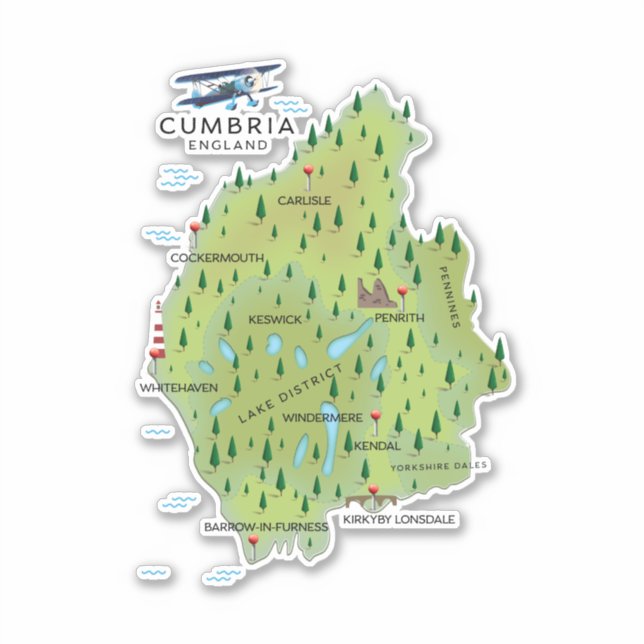Pegatina Póster de viaje del mapa de Cumbria Inglaterra. (Anverso)