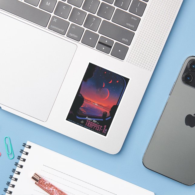 Pegatina Poster del espacio retro - Los espectadores observ (Ordenado portátil con iPhone)