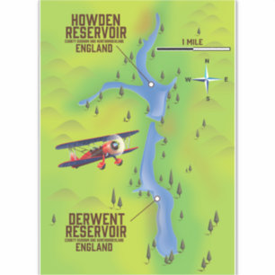 Pegatina Poster del mapa de embalses de Derwent & Howden