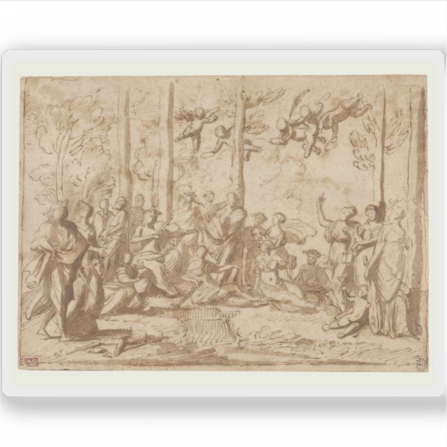 Pegatina Poussin: Apolo y las musas en el monte Parnassus (Anverso)