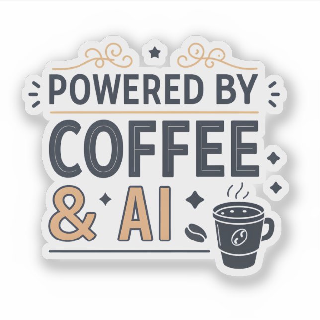Pegatina Powered by Coffee & AI Retro Tech Vector (Anverso)