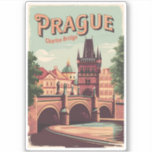 Pegatina Praga República Checa Vintage<br><div class="desc">Diseño de viaje vectorial retro de Praga. Praga, capital de la República Checa, está dividida por el río Vltava. Llamada "la ciudad de las cien arañas", es conocida por su Plaza del Casco Antiguo.</div>