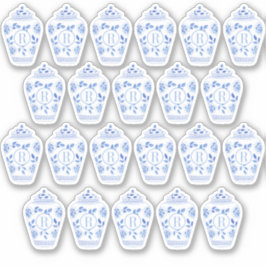 Pegatina Preppy Monograma Jar de jengibre azul y blanco