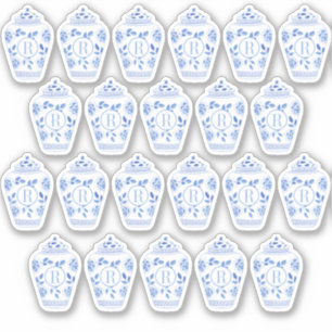 Pegatina Preppy Monograma Jar de jengibre azul y blanco