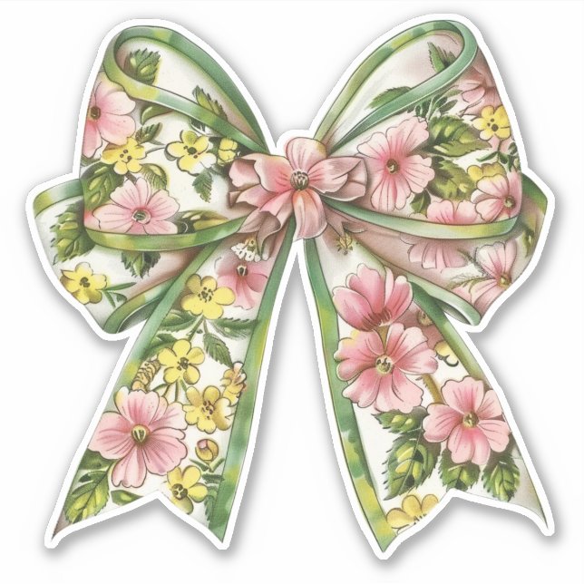 Pegatina Preppy Pink and Green Floral Bow (Anverso)