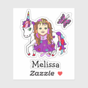 Pegatina Princesa de mano corta y unicornio y nombre