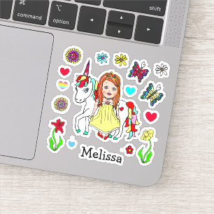 Pegatina Princesa dibujada a mano y unicornio y nombre