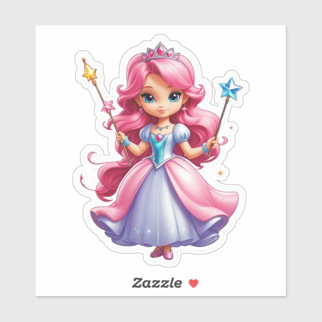 Pegatina Princesa Rosa Con Arma Mágica Y Tiara (Hoja)