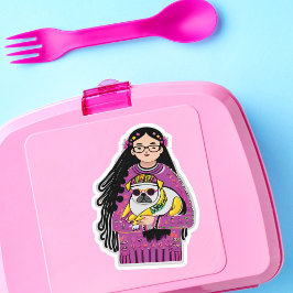 Pegatina Pug Adorable Y Un Chica Con El Pelo Largo