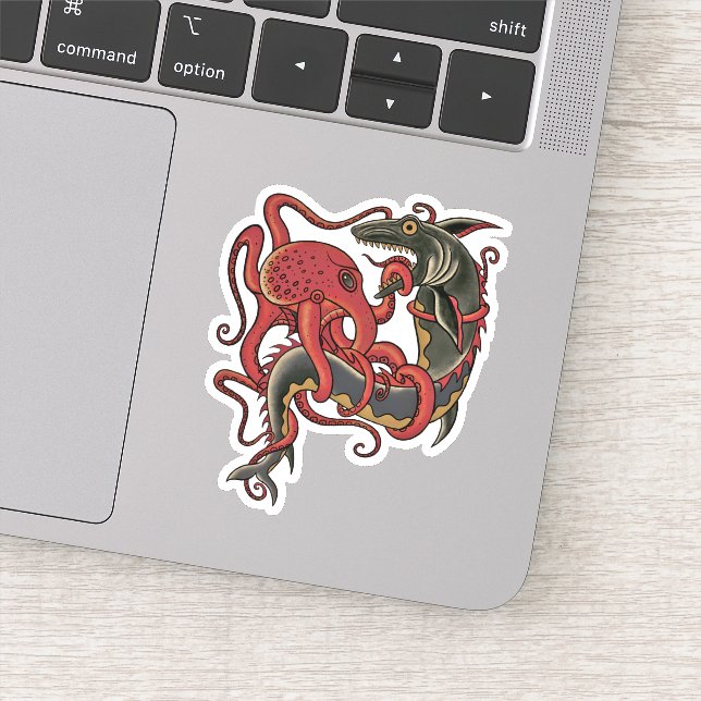 Pegatina pulpo luchando contra tiburón (Detalle)