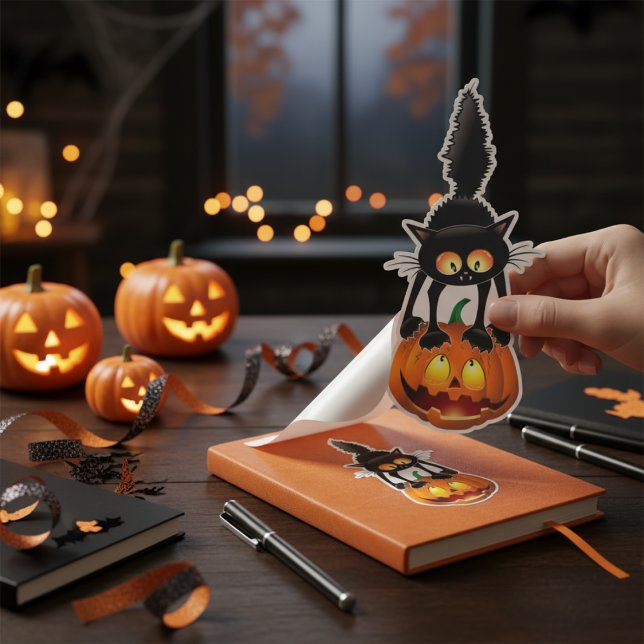 Pegatina Purción de calabaza: Gato negro de Halloween (Pumpkin Purrfection: Halloween Black Cat Sticker)