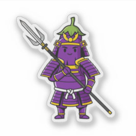 Pegatina Purple Eggplant Samurai Warrior with Spear Illustr