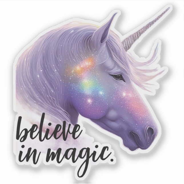 Pegatina Purpurina del arcoiris de Unicornio cree en magia (Anverso)