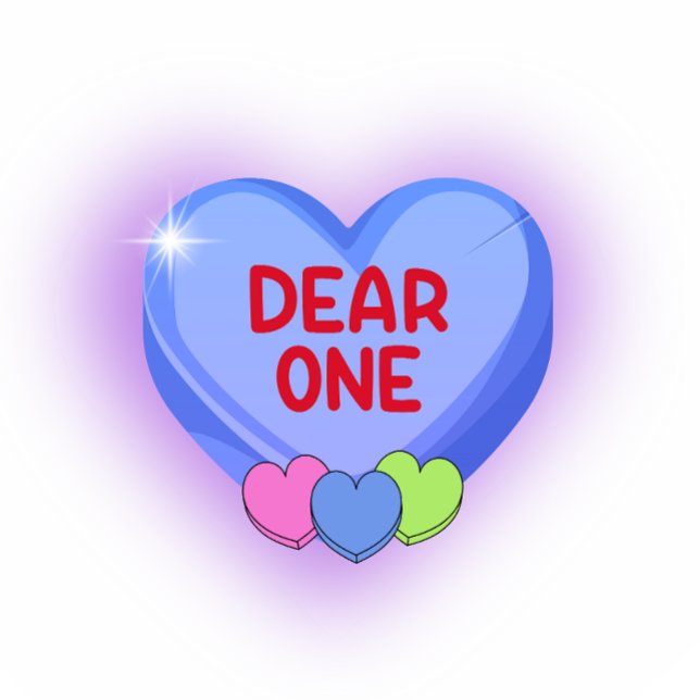 Pegatina Querido Caramelo de San Valentín con Corazón Púrpu (Purple heart with a glow and the typograph reading "dear one" and three small hearts at the bottom.)