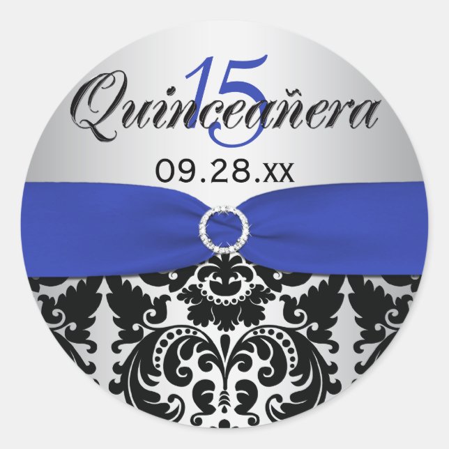 Pegatina Quinceanera azul, plateado, negro Damask (Anverso)