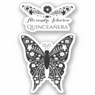 Pegatina Quinceañera Boho Mariposa Negro y Blanco Nombre