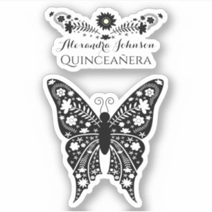 Pegatina Quinceanera Boho Mariposa Nombre blanco y negro