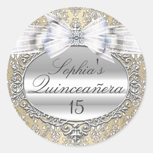 Pegatina Quinceanera de Cream and Silver Bow (Anverso)