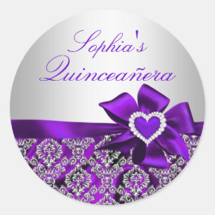Pegatina Quinceanera de Damask morado y plateado
