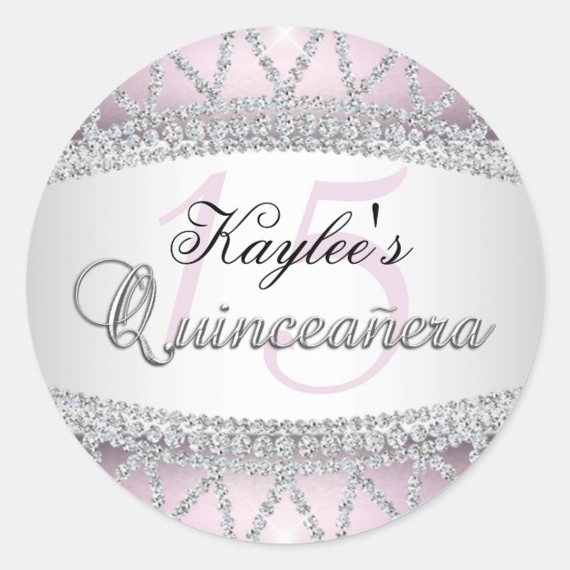 Pegatina Quinceanera de diamantes plateados y rosa (Anverso)