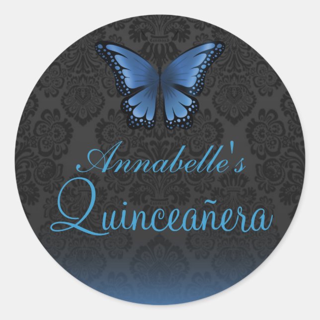 Pegatina Quinceañera de la mariposa azul y Damask (Anverso)