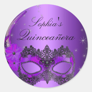 Pegatina Quinceanera de la mascarada púrpura