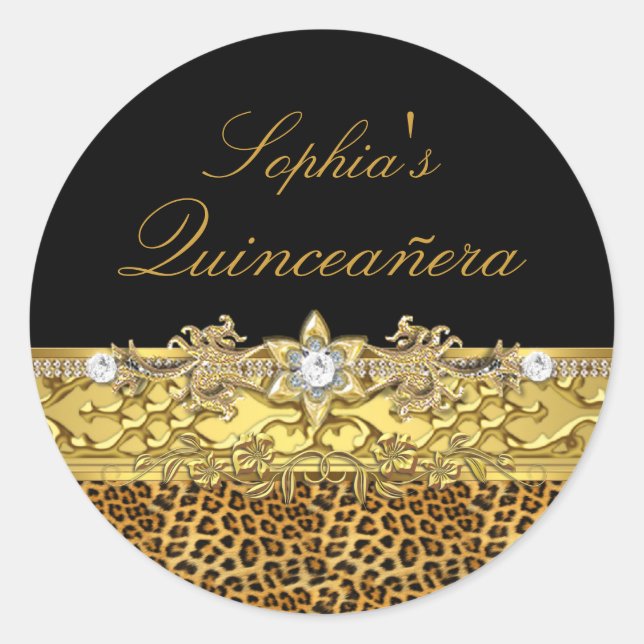 Pegatina Quinceanera de Leopardo Negro y Oro (Anverso)