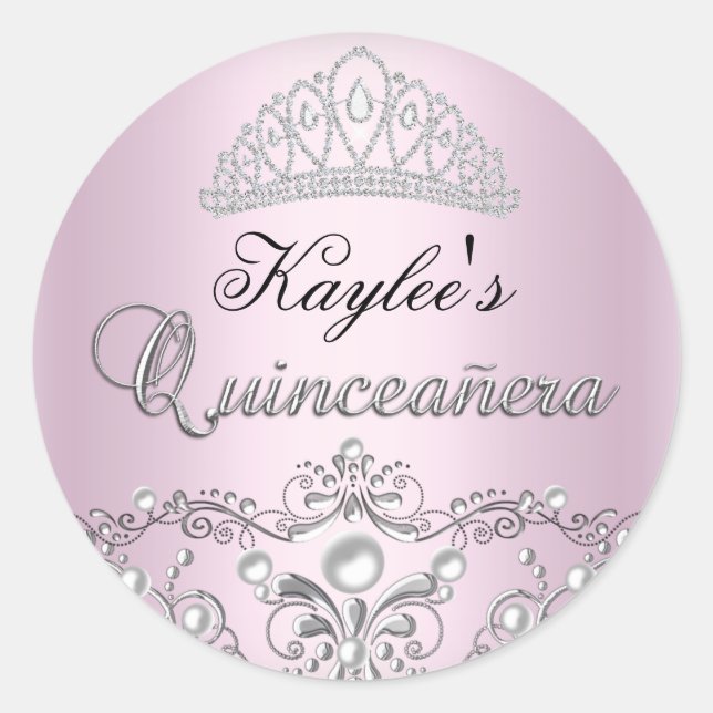 Pegatina Quinceanera de Pearl de Damask Plata y Ro (Anverso)