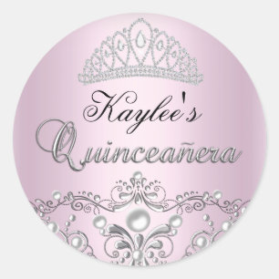 Pegatina Quinceanera de Pearl de Damask Plata y Ro