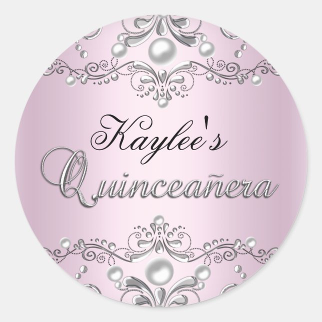 Pegatina Quinceanera de Pearl de Damask Plata y Ro (Anverso)