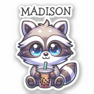Pegatina Raccón kawaii con té de burbuja personalizado