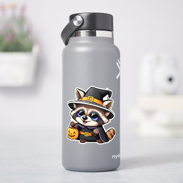 Pegatina Raccoon adorable de bruja personalizado (hidrofrasco)