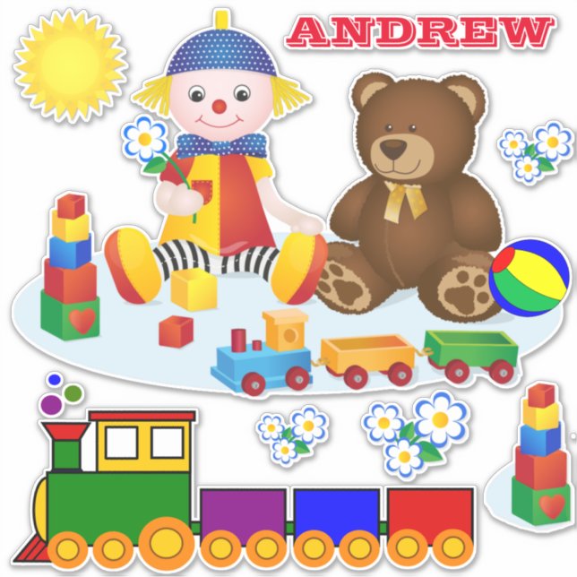 Pegatina Rag Doll, Teddy Bear, Tren juguetes tradicionales (Anverso)