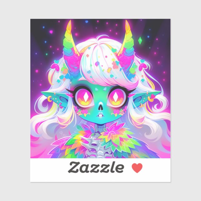 Pegatina Rainbow Pastel Fantasy Skull Demon Anime Chica (Hoja)