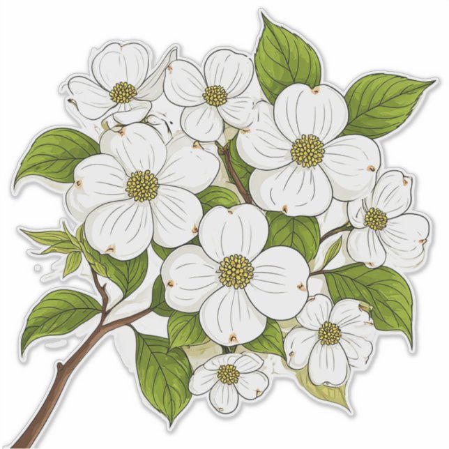 Pegatina Rama con Racimo de Flores de Cornejo Blanco (Anverso)