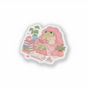 Pegatina Rana acogedora de lectura Kawaii Cottagecore Gusan
