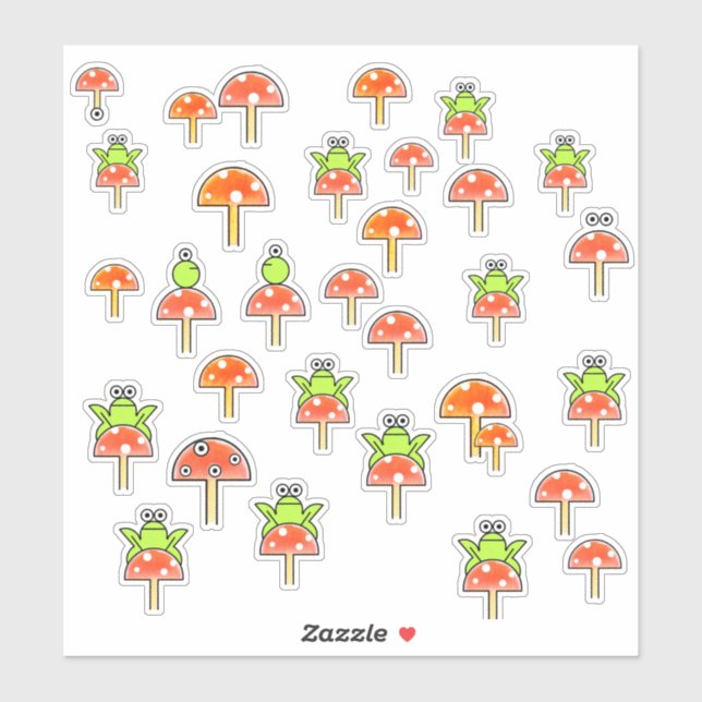 Pegatina Ranas de dibujos animados en toadstools y hongos d (Hoja)