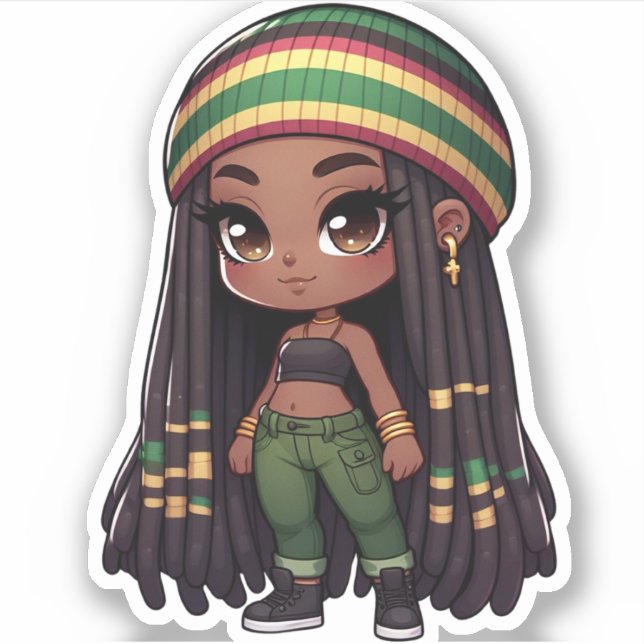 Pegatina rasta jamaiquino lindo chibi chica (Anverso)